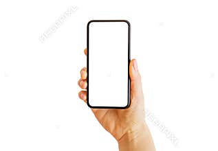 Person holding smartphone in hand. Mobile app mockup.