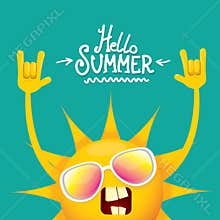 Hello summer funky rock n roll vector label isolated on azure. summer party background with funky sun character design