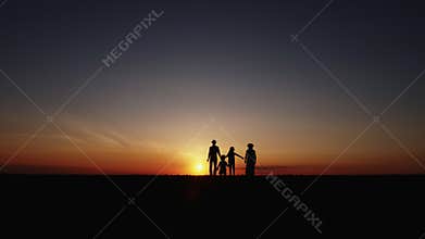 Slow Motion Silhouette at sunset happy family walking