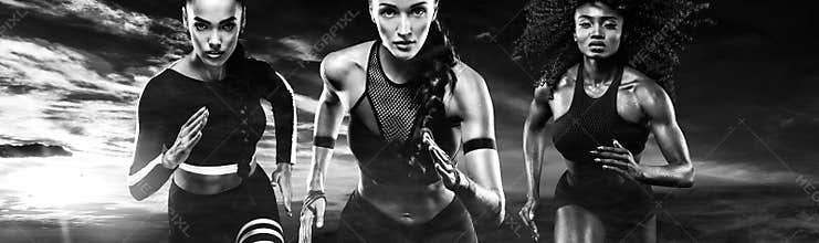 Black and white photo. A strong athletic, women sprinter, running outdoor wearing in the sportswear, fitness and sport
