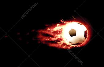 Burning soccer ball with a tail of flames