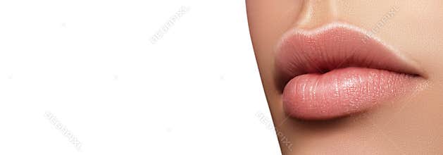 Closeup perfect natural lip makeup. Beautiful plump full lips on female face. Spa tender lips. Blank Space