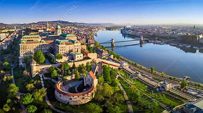 Budapest, Hungary - Aerial panoramic skyline view of Buda Castle Royal Palace with Szechenyi Chain Bridge