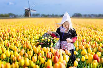 Child in tulip flower field. Windmill in Holland.