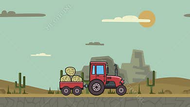 Animated tractor with trolley full of hay riding through canyon desert. Moving farm vehicle on mountain desert