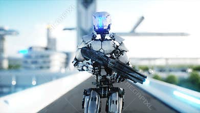 Military robot with gun walking. Futuristic city, town. Realistic 4K animation.