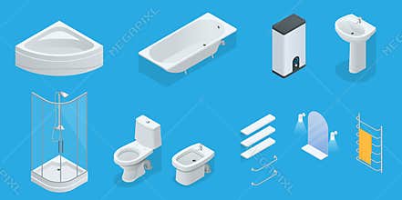 Vector isometric set of bathroom furniture. Jacuzzi, bath, boiler, washbasin, shower, shower, toilet, bidet, dryer