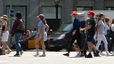 Side view pedestrians walking. Time Lapse.