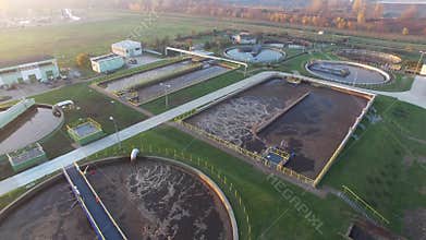 Modern sewage treatment plant, aerial view