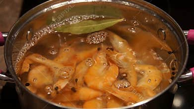 Cooking shrimp. Boiling shrimp. Chef cooking shrimp