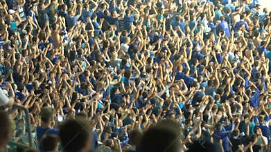 Organized group of football fans clapping hands, cheering for national team