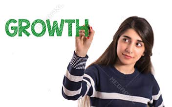 Teen college girl writing growth on transparent screen