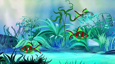 Small Red-green aquarium fishes in a tank