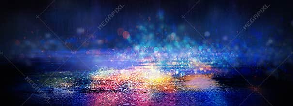 Wet asphalt after rain, reflection of neon lights in puddles. The lights of the night, neon city. Abstract dark background.