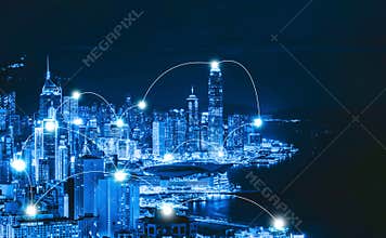 Digital network connection lines of Hong Kong Downtown and Victoria Harbour. Financial district in smart city in technology