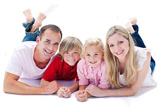Close-up of family lying on the floor