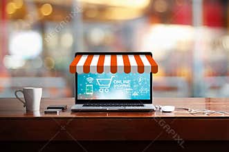 Online shopping concept. Open laptop store with icon buy, payment