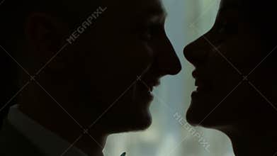 The newlyweds stand at the window in profile. Silhouette. The bride and groom.