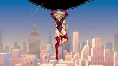 Superheroine Holding Boulder above City