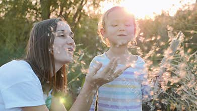 Mom and daughter having fun and blowing Dandelion seeds while relaxing at nature