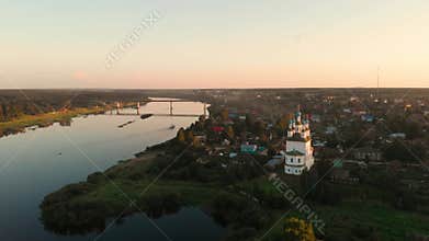 Flight of the camera over the ancient Orthodox Church. The Church of the Trinity, Totma, Russia. Architectural forms