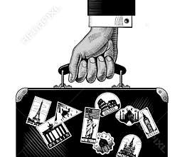 Hand carry a luggage with landmarks travel labels