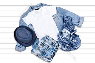 White T-shirt and Jeans Jacket on a White Background