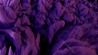 Violet ink in black underwater. Colour purple paint reacting in water creating abstract cloud formations, smoke spreads