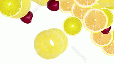 Fruits falling on color background