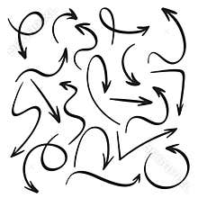 Cartoon black arrows. Hand drawn arrow sketch. Swirl, return back and direction pointer vector icons set