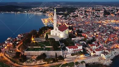Night aerial view of Rovinj, Croatia