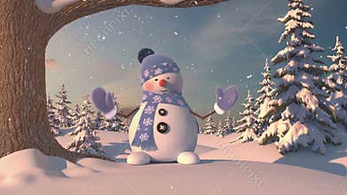 Funny Snowman in the Forest. Beautiful 3d animation, 4K