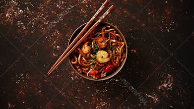 Traditional asian udon stir-fry noodles with shrimp