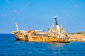 Abandoned rusty ship wreck EDRO III in Pegeia, Paphos, Cyprus.
