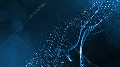 Abstract blue looped background of glowing particles like Chrisrmas garland. Dark composition with oscillating luminous