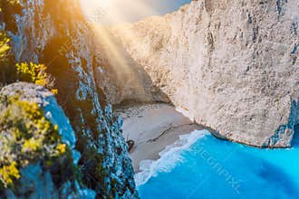 Navagio beach Zakynthos with shipwreck in the warm morning light. Greece