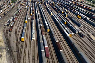 Aerial View of Many Train Cars on Tracks