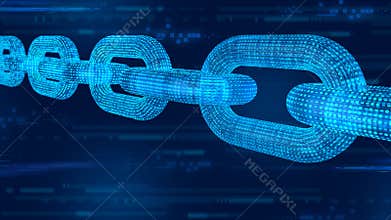 Block chain. Crypto currency. Blockchain concept. 3D wireframe chain with digital code. Editable cryptocurrency template. 3D illus