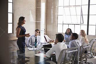 Businesswoman addressing colleagues at a meeting, side view