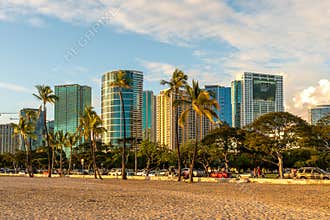 Beautiful view of the skyline of Honolulu during sunset