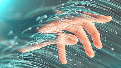 Hand in the stream of energy a stream of luminous particles