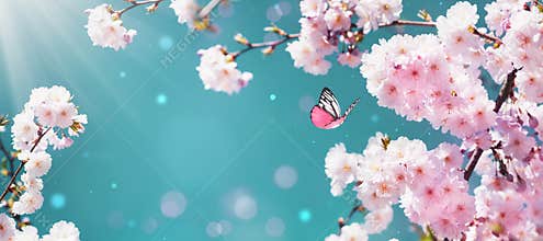 Blossoming branches of sakura with pink flowers against blue sky with flying butterfly on spring sunny day. Nature landscape