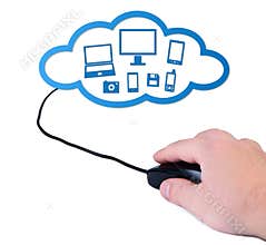 Hand with computer mouse cloud-computing concept.