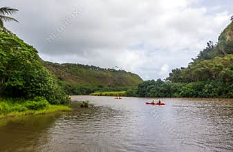 Scenic tropical landscape near Wailua river and Kamokila Hawaiian Village on Kauai Island