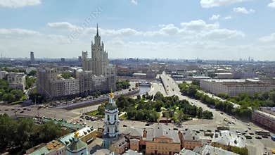 Kotelnicheskaya tower, Moscow cityscapes district at summer, aerial view