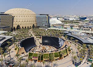 Dubai, UAE - 10.23.2021 Areal view of some of the pavilions, Al Wasl dome and water feature at EXPO 2020. Event