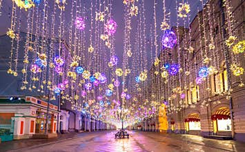 Nikolskaya street with Christmas decorations in Moscow, Russia