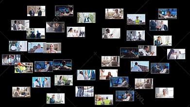 Multi screen business collage made of many different footages with business people working in office or outdoor