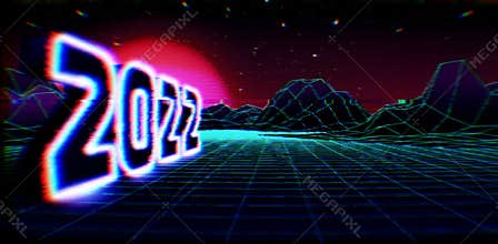 2022 neon sign for New Years Eve celebration with 80s styled arcade game grid landscape and purple sun. Glitching motion