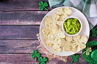 St Patricks Day shamrock nacho chips with guacamole